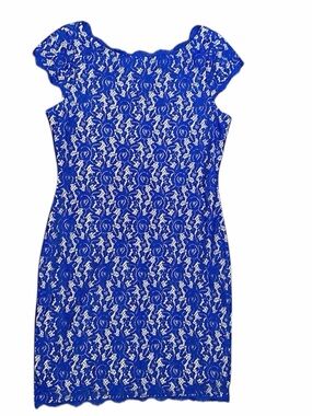 Eliza J Blue Cap Sleeve Blue Lace Sheath‎ Dress • size 8